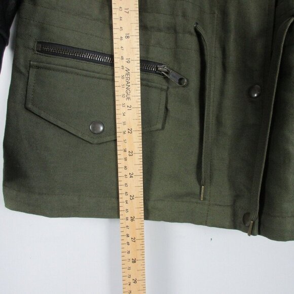 Club Monaco Alixi Utility Moto Jacket Women M Green Black Leather Sleeves 796 - Picture 13 of 14